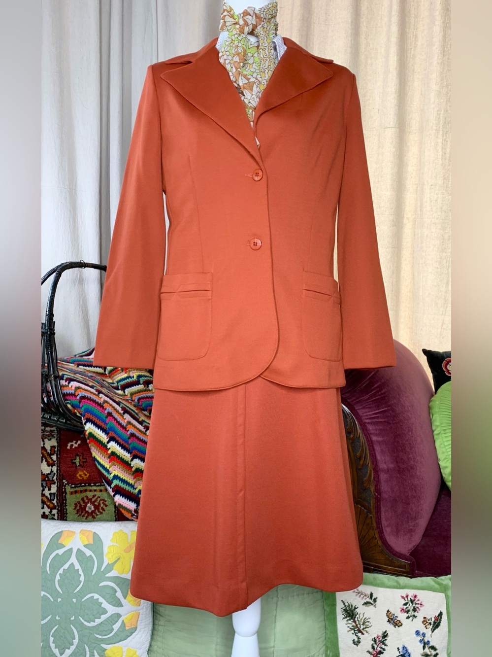70s Orange Polyester Skirt Suit